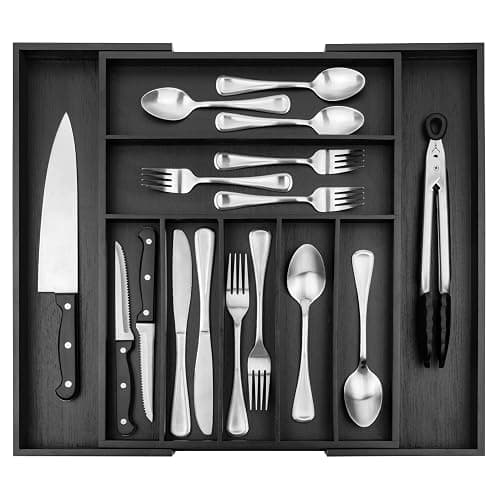 Purawood Bamboo Drawer Organizer - Expandable Silverware Organizer & Utensil Organizer, Cutlery Tray with Dividers, 7-9 Slots - Premium Kitchen Drawer Organizer for Utensils & Flatware (Black) - Image 1