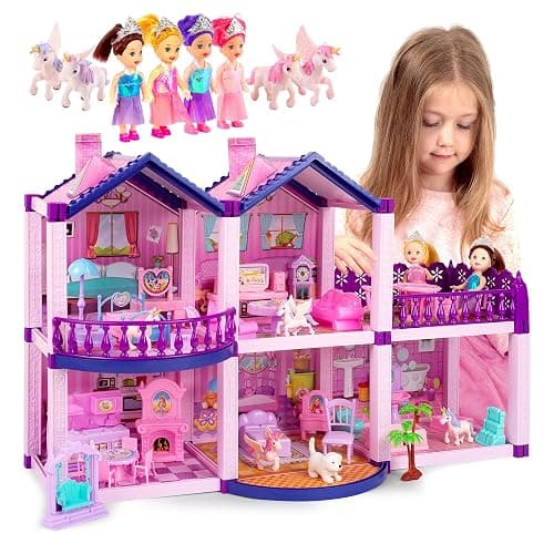 Dollhouse with 4 Princesses, 4 Unicorns, Dog, Furniture and Accessories - Pink and Purple Dream Doll House Toy for Little Girls - 5 Rooms w/Garden, Furniture and Accessories, Gift for Girls Ages 2-7 - Image 1