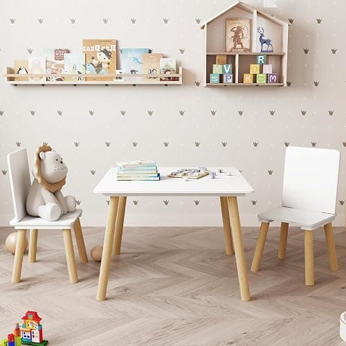 Fmlud Kids Table and 2 Chairs Set, 3 Pieces Toddler Table and Chair Set, Kids' Table & Chair Sets, Kid Play Table for Daycare, Classroom, Home (White) - Image 1