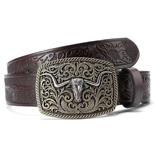 SENDEFN Western Cowboy Belt for Men Women Longhorn Bull Buckle Belts Floral Engraved Embossed Pattern 1.5" Wide for Jeans - Image 1