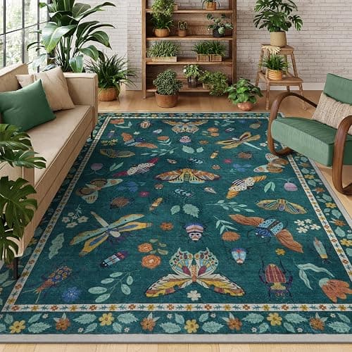 Lahome Insect Print 5x7 Area Rugs for Living Room, Soft Washable Rugs for Bedroom Ultra-Thin Non Slip Modern Rug, Throw Rug Carpet for Office Nursery Dining Room Vionnet(5'x7',Dark Green) - Image 1