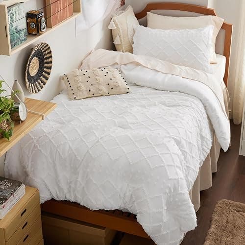 Bedsure Twin Comforter Set - White Boho Twin Comforter, Shabby Chic Dorm Bedding Set for Kids, 2 Pieces Modern Farmhouse Bed Set, Includes 1 Pillow Sham - Image 1