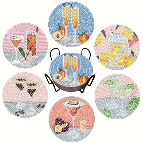 6 Pcs Diamond Painting Coasters Kits with Holder,Cocktail Diamond Art Coasters Set for Drinks Coffee Table, Gem Painting kit for Beginners Adults DIY Art Craft Gifts Home Decors (Cocktail) - Image 1