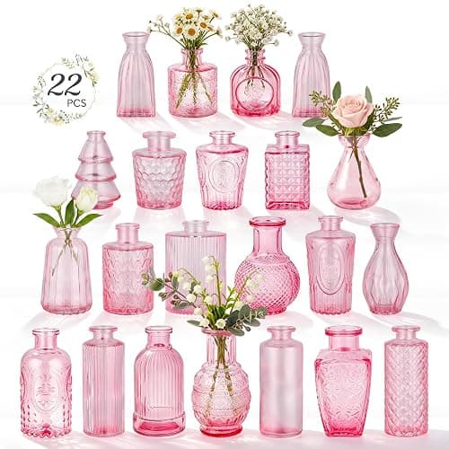 RUCKAE 22 Pack Pink Glass Bud Vases,Vintage Small Flower Vases for Centerpieces,Assorted Mini Glass Vases for Flowers,Table Decor,Wedding,Home,Living Room,Bedroom,Office,Party,Gifts(Pink 22 Pack) - Image 1