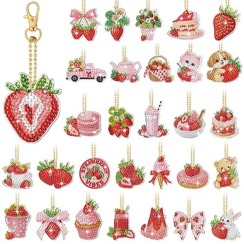 Huquary 30 Pcs Diamond Painting Keychains Strawberry Diamond Art Berry Party Crafts Favor 5d Double Sided Keychains for Adult Beginner DIY Crafts Party Gift - Image 1