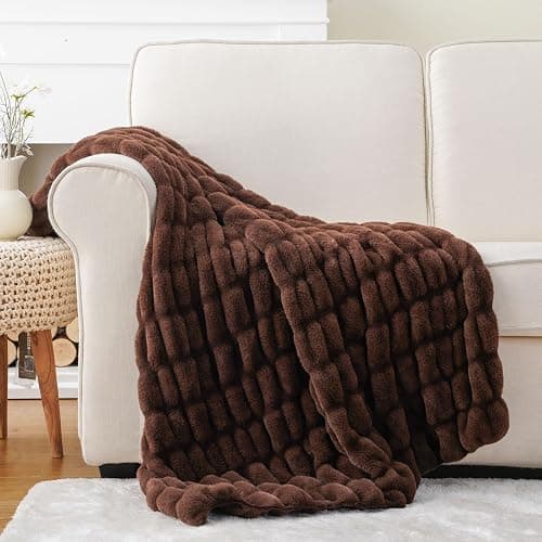 BATTILO HOME Chocolate Brown Faux Fur Throw Blanket for Couch, Double Side Reversible Ruched Rabbit Fur Blanket for Couch, Bed, Super Soft Cozy Warm Mink Blanket, 50x60 Inches - Image 1