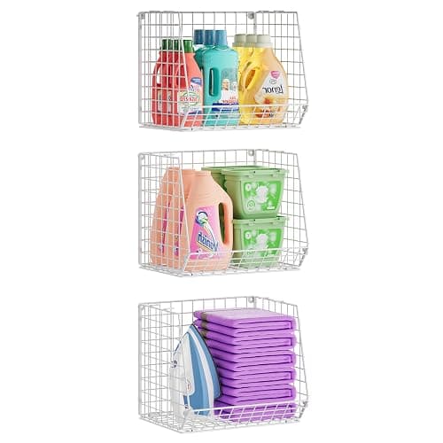 3 Pack Screw Mount Under The Wooden Shelf Laundry Room Organizer: Foldable Wire Basket Space Saving Over The Washer and Dryer - Laundry Organization and Storage, White Patent - Image 1