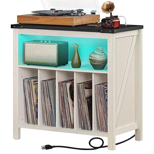 Joaxswe Large Record Player Stand with Charging Station & LED Lights, Vinyl Records Storage Holder Cabinet Holds up to 230 Albums, Turntable Stand for Music Room, Bedroom, Living Room, Office (White) - Image 1