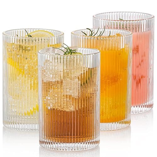 POLIDREAM Vintage Ribbed Glassware Set: 4pcs 16.9oz XL Drinking Glasses, Fluted Ripple Drinkware, Origami Style, Elegant Glassware for Whiskey, Cocktail, Iced Coffee, Juice, Beer, Soda - Image 1
