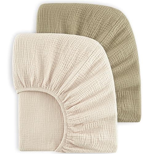 Bearmoss Muslin Crib Sheets 100% Cotton Baby Crib Sheets Fitted for Standard Crib Mattress & Toddler Bed Mattress 52"x28" Soft Breathable Crib Sheet Neutral for Boys Girls - 2 Pack (Oat Latte) - Image 1