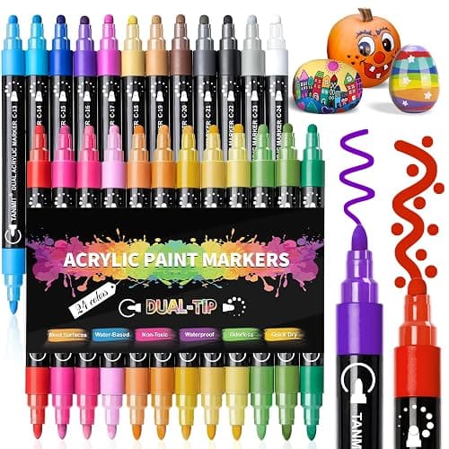 Acrylic Paint Pens Markers, 24 Colors Dual Tip Acrylic Paint Pens for Rock Painting, Wood, Canvas, Stone, Glass, Ceramic Surfaces, DIY Crafts Making Art Supplies (Round Tip and Fine Tip) - Image 1