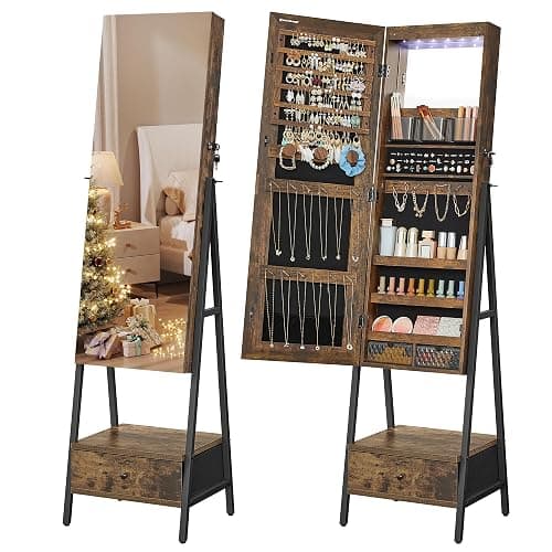 SONGMICS LED Cabinet Standing, Lockable Jewelry Armoire with Full-Length Mirror, Space-Saving Jewelry Organizer with Mirror, Bottom Drawer, Gift Idea, Christmas Gifts, Rustic Brown UJJC025X01 - Image 1