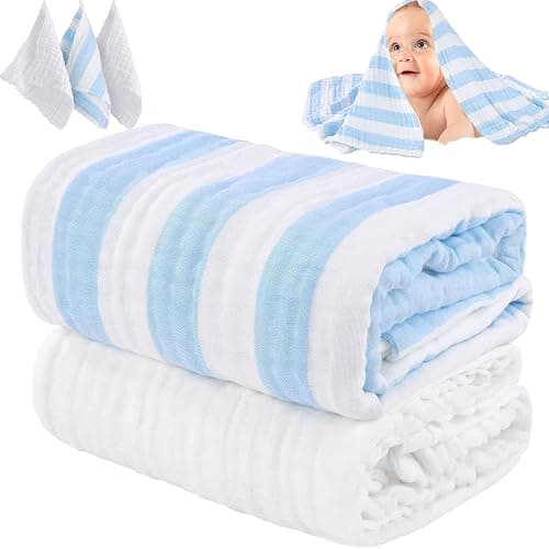 HardNok Organic Muslin Baby Bath Towel Blanket 5-Pc Gift Set - Blue Stripe | Features 41-43" 6-layer blankets, three washcloths newborn to toddler crib or stroller; curated shower registry gift for boys - Image 1
