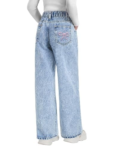 Fulihug Girls Wide Leg Jeans Baggy Bow Embroidery High Elastic Waist Denim Pants Cute Y2K Trendy Tween Streetwear 8-16Y - Image 1