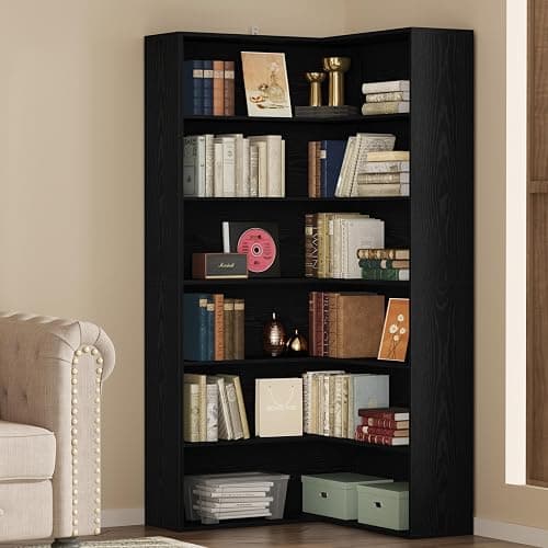 ANCTOR Corner Bookshelf, 6 Tiers Corner Bookcases with Baffles Etagere Shelf Storage Rack for Living Room Home Office, Black - Image 1