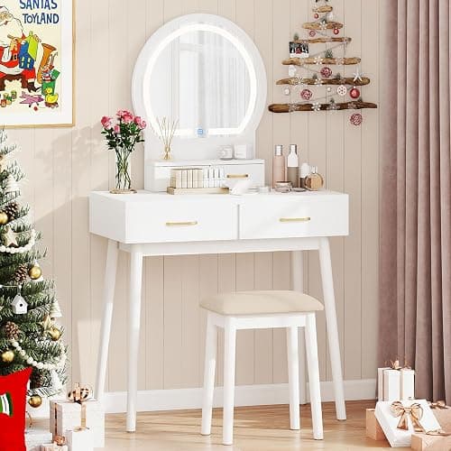 CHARMAID Vanity Desk with Mirror and Lights, Modern Makeup Vanity Table with 4 Drawers, 3-Color Dimmable LED Mirror, Girls Dressing Table and Stool Set for Small Bedroom (White) - Image 1