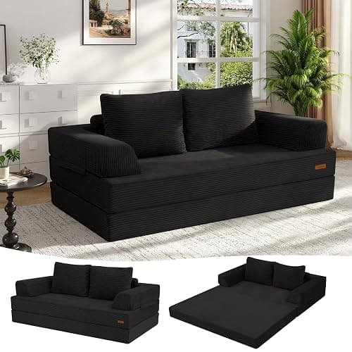COMAX Convertible Sofa Bed, Folding Floor Couch Corduroy Fold Out Couch Bed Futon Sleeper Mattress with Pillows, Boneless Sofa Comfy Lounge Loveseat for Living Room Bedroom, Black - Image 1