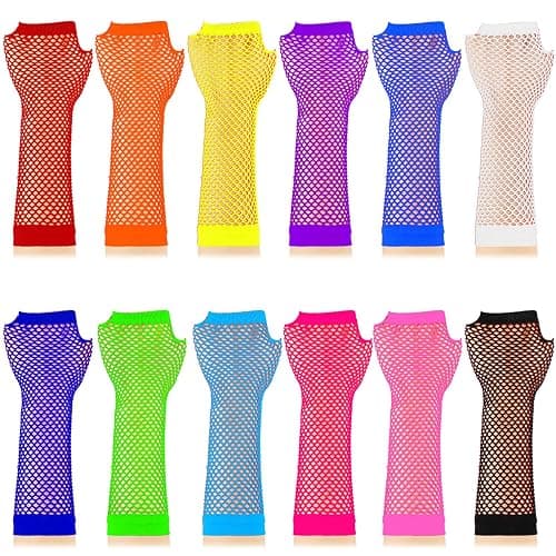 TecUnite 12 Pairs Fishnet Gloves Fingerless Neon Gloves for Women Men 80s Party Costume Accessories Supplies - Image 1