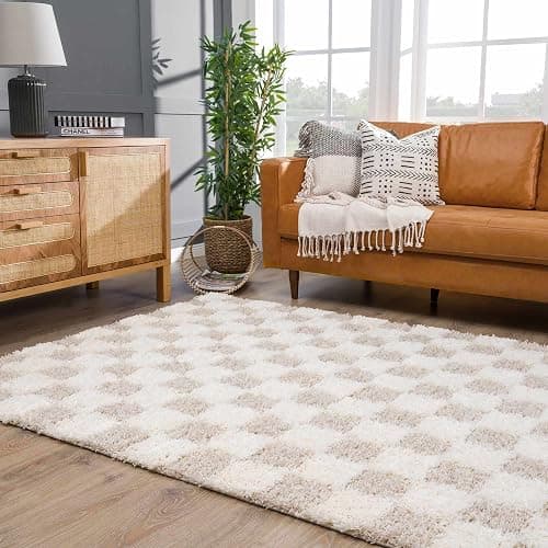 Hauteloom Marshmallow Modern Checkered Shag Area Rug - High Pile Fluffy Shaggy Carpet for Kids Room, Nursery, Living Room, Bedroom - Beige, Cream, White - 6'7" X 9'6" (6x9) - Image 1