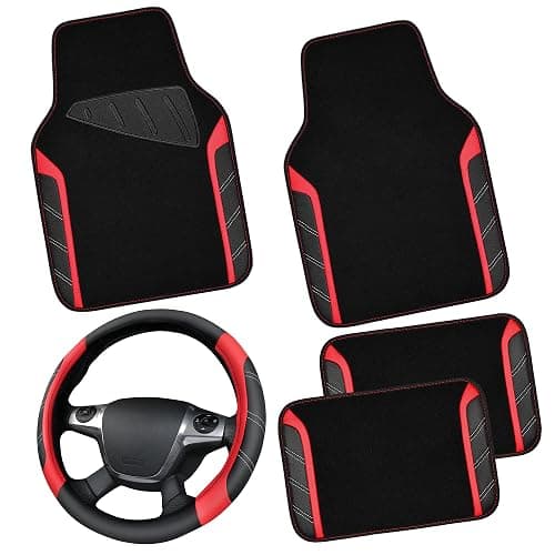 CAR PASS Leather Steering Wheel Cover and Waterproof Car Floor Mats,Microfiber Universal Car Combo Fit for 95% Sedan,SUV,Cars,14.5-15inch Sporty Anti-Slip Safety Comfortable Design(Black&Red) - Image 1