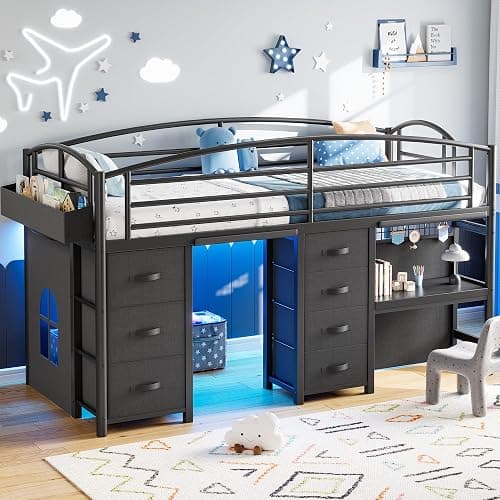 Low Loft Bed Twin Size with 7 Storage Drawers, Desk and LED Lights, Heavy Duty Metal Kids Loft Bed with 13.8" H Safety Guardrail, Anti-Collision Pad, Private Play Curtain, Under-Bed Play Space - Black - Image 1