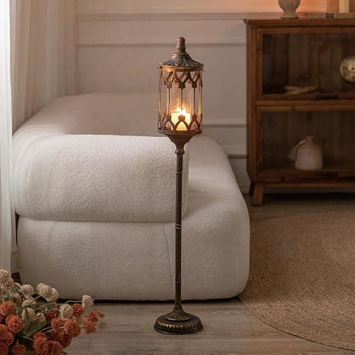 NOONEAU Vintage Floor Candelabra - 37.1" Tall Antique Gold Candle Holder with Glass Lantern, Rustic Gothic Metal Pillar Stand for Home Decor, Wedding & Event Centerpiece - Image 1