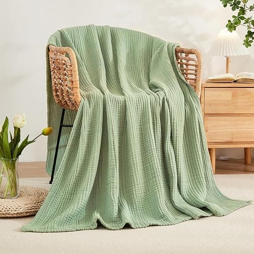 EMME Cotton Blanket Twin XL for Bed Soft Muslin Blankets 66"x90" Lightweight Breathable Layering Bedspread Coverlet All Season Gauze, Sage Green - Image 1