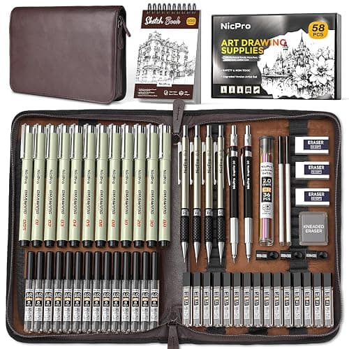Nicpro 58 PCS Art Drawing Supplies Kit in Leather Case, Art Mechanical Pencil Set with Metal Drafting Pencil 0.3 & 0.5 & 0.7 & 0.9 & 2mm, 12 Micron Pen, Sketch Book, 30 Tube Lead Refills for Sketching - Image 1