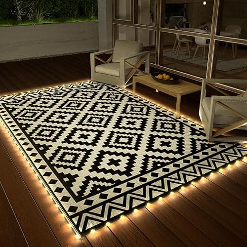 HAUSHOF 5'X8' Outdoor Rug Waterproof with LED Strip Light, Reversible Outdoor Plastic Straw Rug, Patio Rug with 4 Rug Stakes, Outdoor Carpet Mat for RV, Camping, Beach, Porch, Balcony, Black&White - Image 1