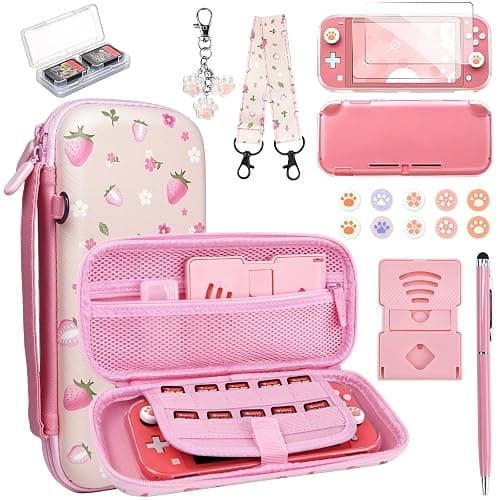 FIWWAT Switch Lite Case Carrying Case- 19 in 1 for Nintendo Switch Accessories Bundle with Switch Thumb Grips, Clear Protective, Screen Protector Cover, Cute Pendant, Stand, Stylus, for Girls, Pink - Image 1