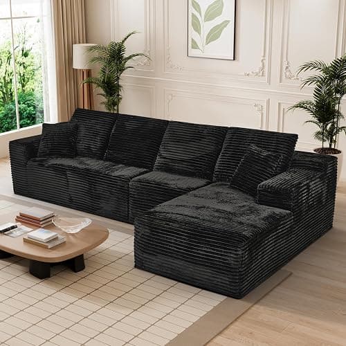 Modular Sectional Sofa Cloud Sectional Couch, 135" Comfy Fluffy L Shaped Boneless Black Couches for Living Room, Deep Seat Memory Foam Plush Corduroy Couch Sectionals with Right Facing Chaise Sofa - 135"+L Shaped - Black+right Facing - Image 1