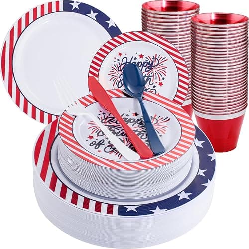 LIYH 180 Pcs 4th of July Plastic Plates - Red White Blue Plastic Silverware, Patriotic Party Memorial Day Plate for Independence Day 4th of July Plates and Napkins Decorations 30 Guests - White Blue - Image 1