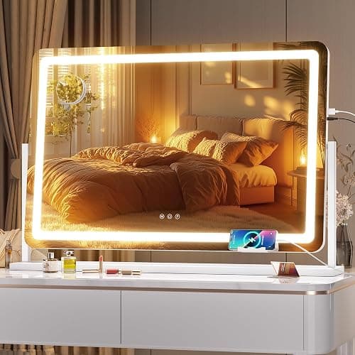 Hasipu Vanity Mirror with Lights, 35.4" x 23.6" LED Makeup Mirror, Light up Mirror with 10X Magnification and Phone Holder, USB Charging Port, Smart Touch 3 Colors Dimmable (White) - Image 1