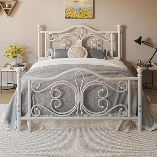 LOEWAY Full Size Bed Frame/Metal Platform Bed Frame with Butterfly Pattern Design Headboard and Footboard/Strong Metal Slats Support/No Box Spring Needed/Easy Assembly/Noise-Free/White - Image 1