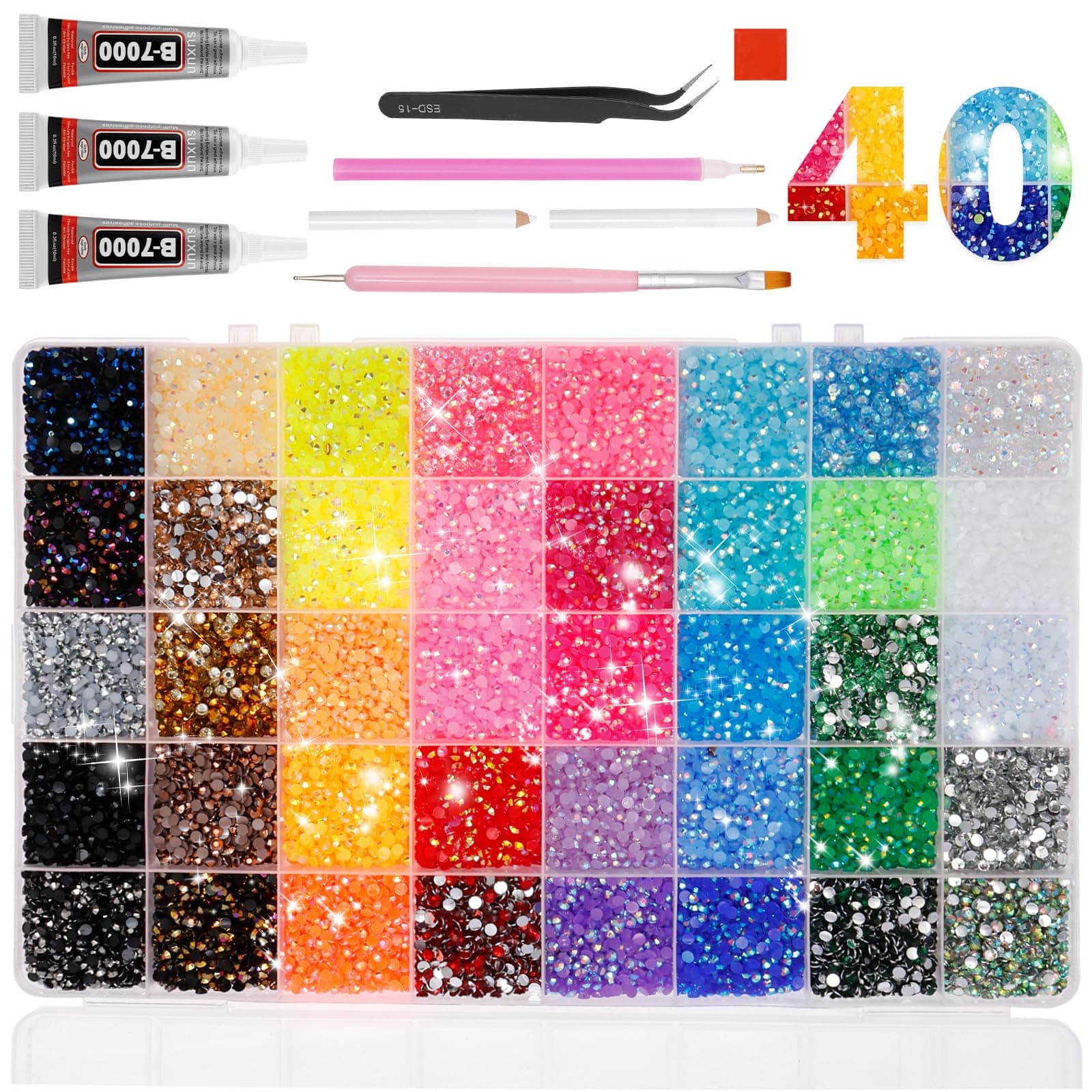 18000/32000/45000 PCS Resin Jelly Rhinestones with Tweezers,Mixed-Color 3mm Flatback Gems, Bedazzling Crystal for DIY Crafts Clothing Tumblers Mugs Shoes Fabric Nail Art for Crafting, Varied Shape (40 colors with 2× Pickup Tool) - Image 1