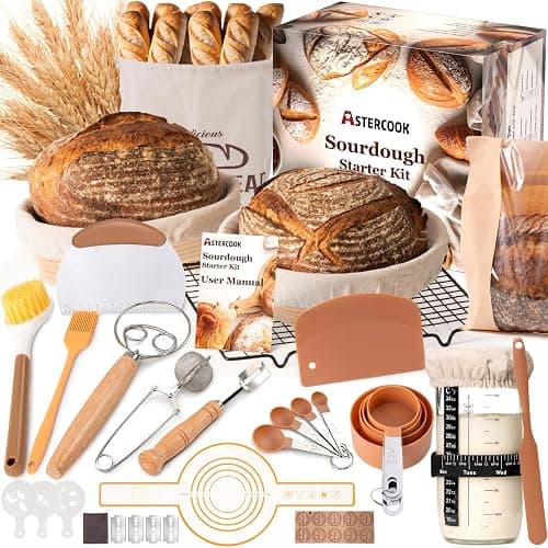 Astercook Sourdough Starter Kit with Round & Oval Banneton Bread Proofing Basket, Starter Jar, Dough Whisk, Scrapers, Stencils, Complete Sourdough Bread Baking Supplies, Fathers Day Gift for Men - Image 1