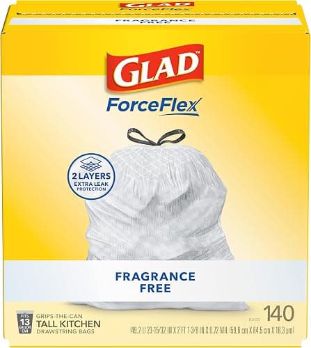 Glad ForceFlex Tall Kitchen Drawstring Trash Bags, 13 Gal, Fragrance Free, 140 Ct (Package May Vary) - Image 1