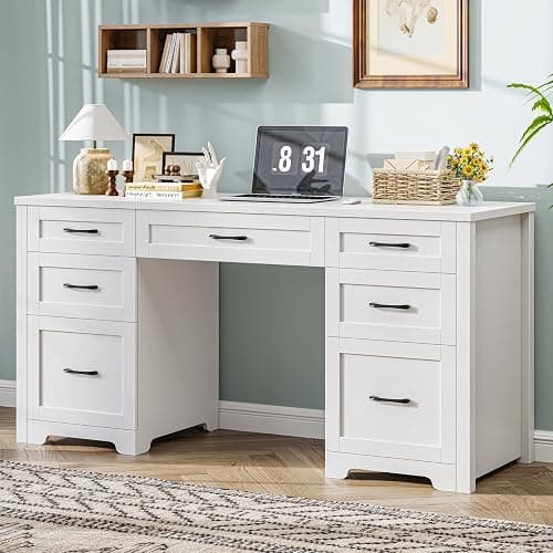 BonVache Executive Desk with 7 Drawers, Cream White | Farmhouse 61'' Rustic Office Desk Computer Table with File Drawers, Wood Workstation for Home Office and Study - Image 1