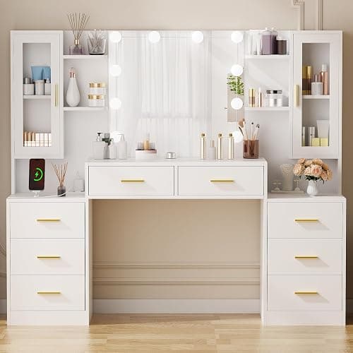 ANWBROAD Große Schminktisch mit verstellbaren 3 Farben LED-Beleuchtung und Steckdosen Modern Weiß Schminktisch mit Spiegel 8 Schubladen Frisiertisch 150x135x40cm BDT67W - Image 1