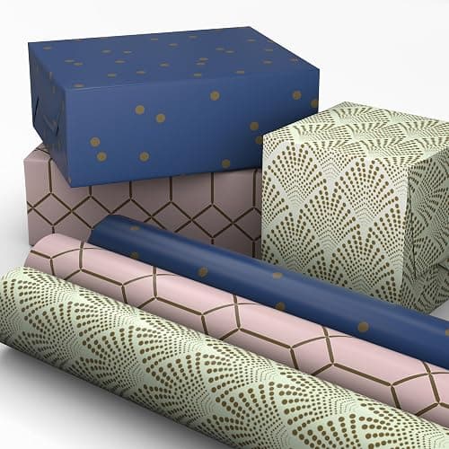Hallmark Elegant Wrapping Paper Mini Rolls, 3-Pack (Art Deco Gold, Pink Geometric, Navy Blue) for Birthdays, Graduations, Weddings, Mother's Day, Father's Day, Any Occasion - 60 Sq. Ft. Total - Image 1