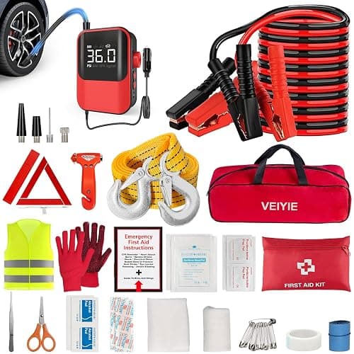 VEIYIE Roadside emergency car kit for vehicles, car first aid kit emergency kit with Portable Air Compressor, Heavy Duty Jumper Cables, Tow Strap, road trip Essentials car safety kit, new driver gifts - Image 1