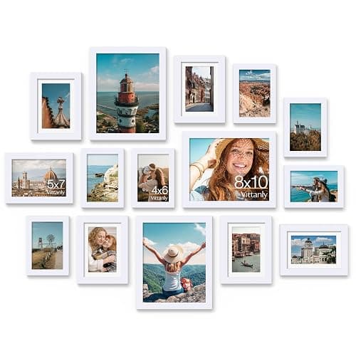 Vittanly 15 Pack Picture Frames Collage Wall Decor for Mounting or Tabletop Display, Gallery Frame Set for Family, Multi Sizes Including 3pcs 8x10, 6pcs 5x7, 6pcs 4x6, White - Image 1