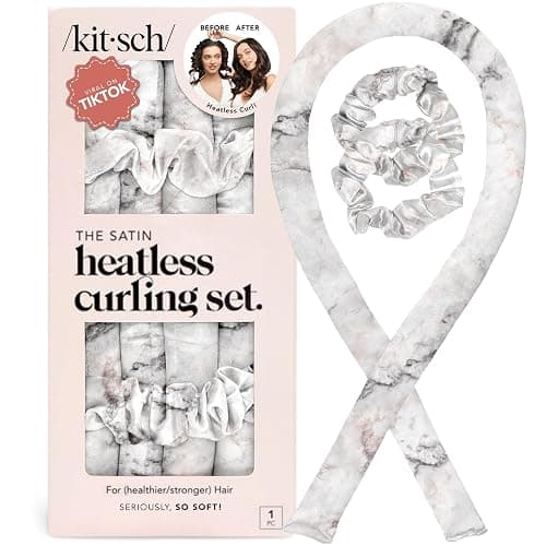 Kitsch Satin Heatless Curling Set – Heatless Curls Overnight with 34" Hair Curler & 2 Satin Scrunchies – Comfortable Hair Curlers to Sleep In for Frizz-Free, No Heat Damage Styling - Marble - Image 1