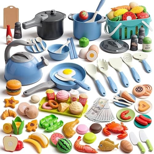 130Pcs Kitchen Playset, Toddler Pretend Cooking Play Pots, Pans, Utensils Cookware, Daily Food Fruit Veges, Shopping Storage Basket, Dessert, Prop Money, Learning Gift for Child (Blue) - Image 1
