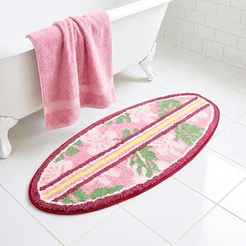Dunzy Pink Hibiscus Bathroom Rug Cute Surfboard Shaped Bath Mat Non-Slip Flocking Bathtub Rug for Tropical Living Room Bedroom Decor - Image 1