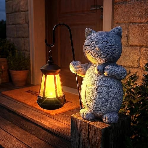 2026 Garden Cat Statues with Solar Lantern Flowerpot Outdoor Decoration, Cat Figurines Yard Art Sculptures for Patio Lawn Backyard Porch Ornaments, Yard Ornament- Unique Mother's Day Birthday Gifts - Image 1