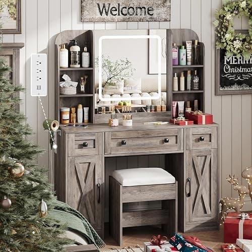 Vabches Makeup Vanity Desk, Vanity Mirror with Lights Desk and Chair,Makeup Table with 3 Large Drawers and 2 Cabinets, Time and Temperature Display, 3 LED Lighting Modes Adjustable, Grey - Image 1