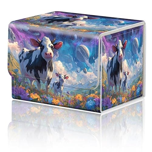 Magnetic Closure TCG Deck Box Portable Card Holder Trading Card Deck Box | PU Leather Collectible Card Case Game Trading Card Deck Box Storage Scratch Resistant Lining, Cow Starry Sky Wildflower - Image 1