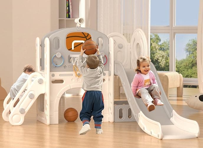 XJD 8 in 1 Toddler Slide Set, Kids Slide for Toddlers Age 1+, Toddler Climber Slide PlaySet with Basketball Hoop and Ball,Outdoor Indoor Playground for Toddlers 1-3 (Beige Grey, 8 in 1) - Image 1