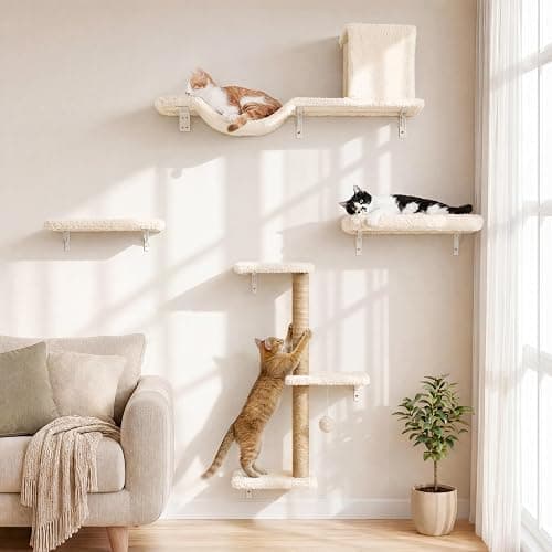 FUKUMARU Cat Wall Shelves, Stable & Safe 5 in 1 Cat Walls Furniture Set, Wooden Kitten Climbing Wall with Scratching Post for 16 Inch Drywall - Beige - Image 1
